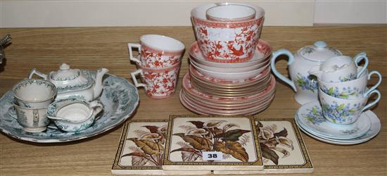 A Royal Crown Derby part tea set Shelley teawares, 3 Victorian tiles and a childs part tea set